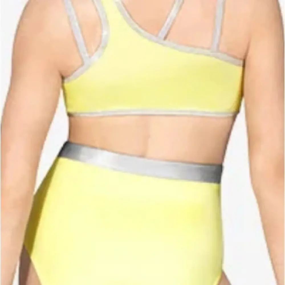 Double Platinum Girls One Shoulder Performance Leotard Yellow silver CL NWT
